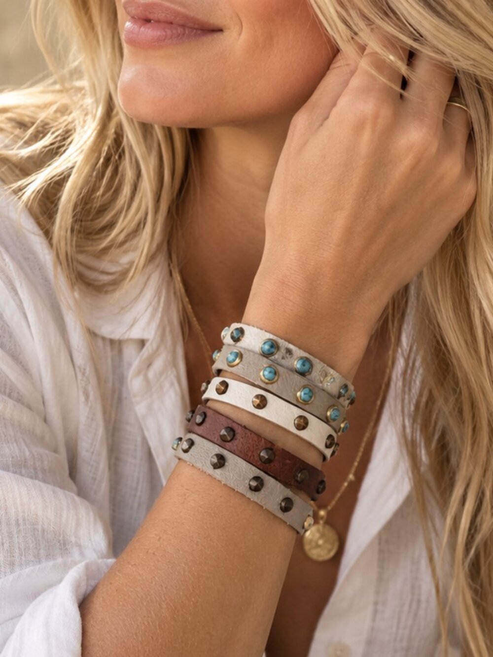 Leather Studded Wrap Bracelet Set Brown White Turquoise Boho Western One Size - Picture 5 of 9